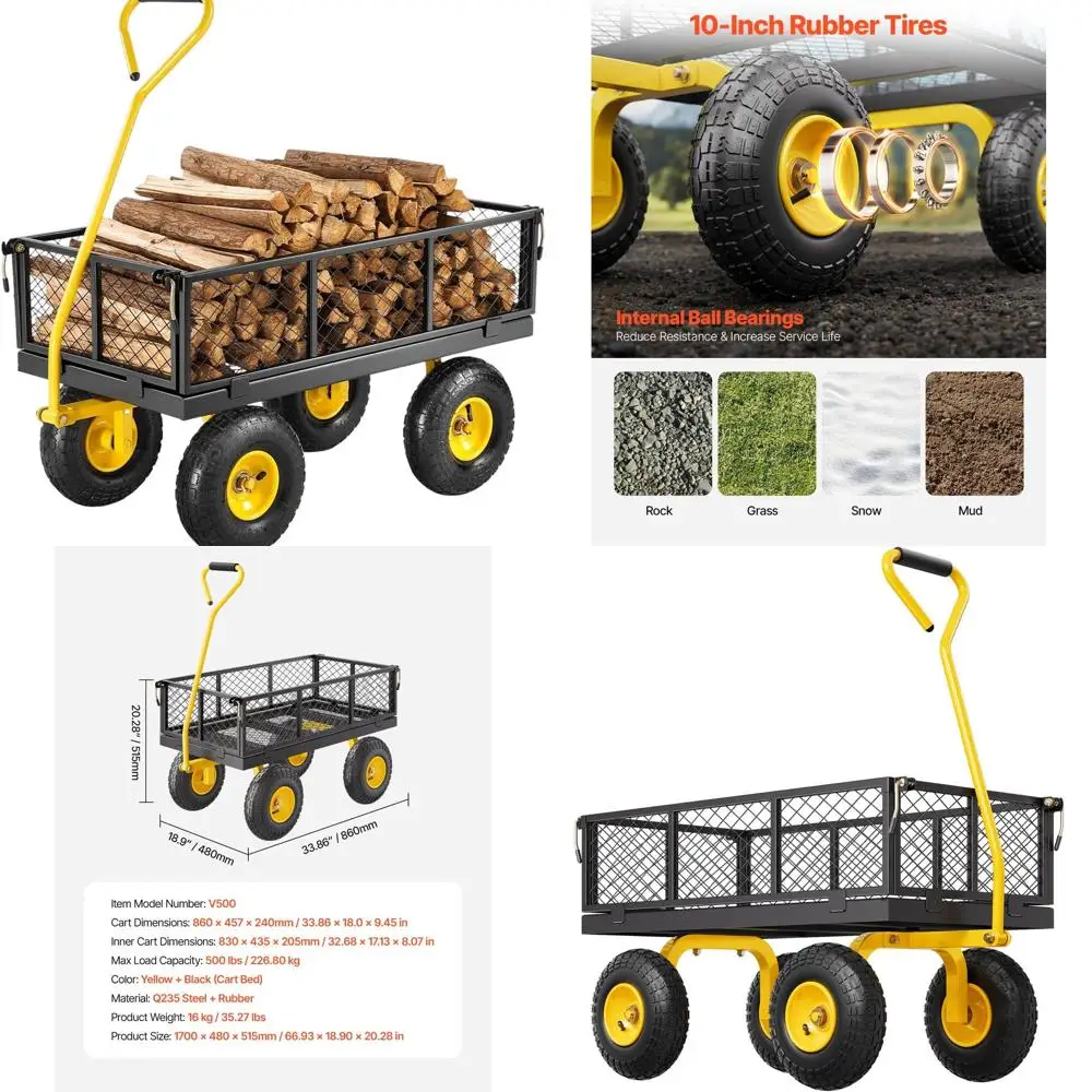

Heavy-Duty 500 lbs Steel Garden Cart with 10 All-Terrain Tires, Rotating Handle, and Removable Mesh Sides