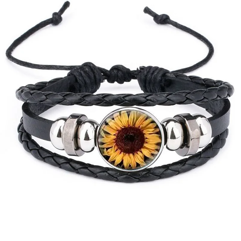 Vintage Sunflower Leather Bracelet Adjustable Flower Glass Snap Button Bracelets For Women Men