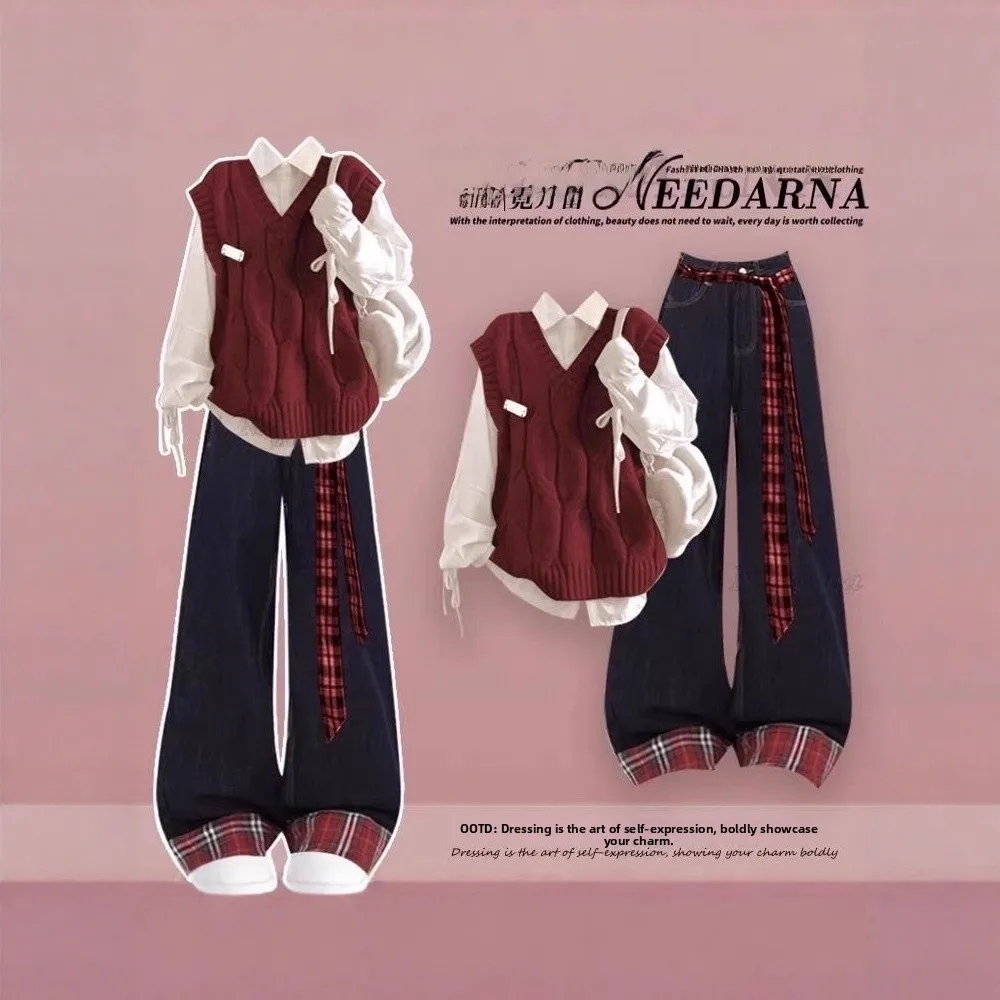 Conjunto de Dos Piezas de Camisa de Manga Larga y Suéter Estilo Universitario Coreano, Suave y Acogedor, Atuendo Otoñal Moderno, Estilo Fresco y Dulce