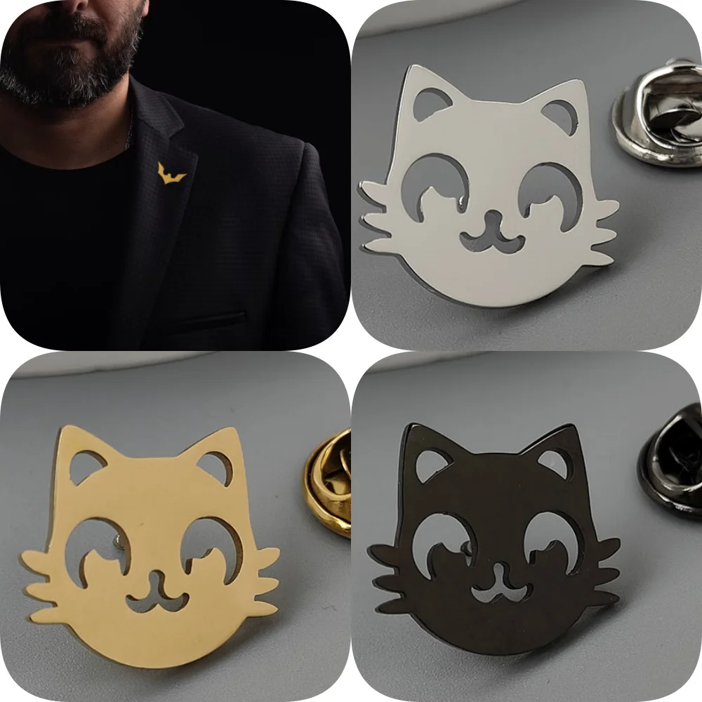 

New hip-hop style cat face hollow stainless steel gold-plated badge, suit lapel pin waterproof black, men's brooch set