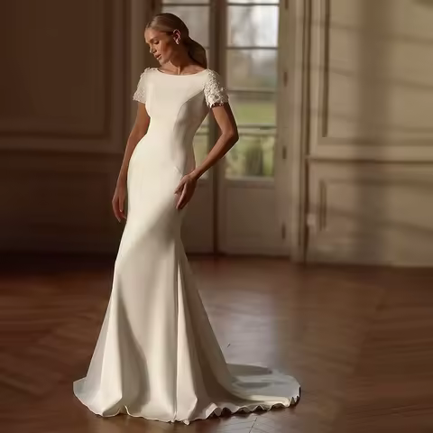 Elegant Scoop Neck Wedding Dresses Cap Sleeves Appliques Mermaid Sweep Train Bridal Gown Backless Evening Dress Customized