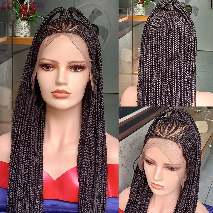 

Fulani Full Lace Cornrow Плетеные парики для чернокожих женщин Ручная работа Крест-накрест Синтетический длинный парик без узлов Box Braids с волосами ребенка