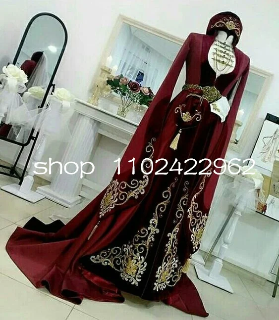 Burgundy Velvet Caucasian Caftan Prom Dresses with Long Sleeve Cape Luxury Embroidery Muslim Evening Gown Kaftan  customsized