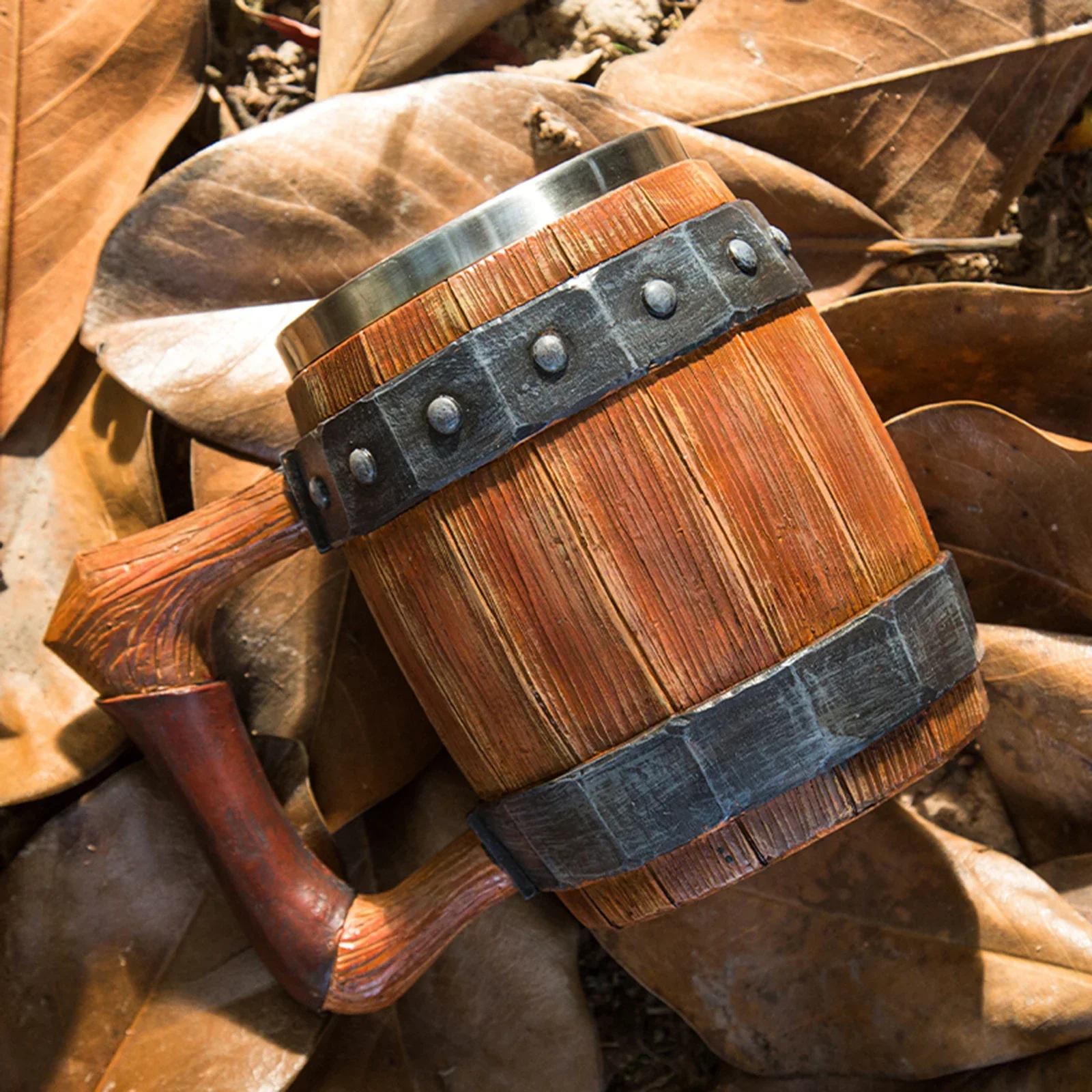 Wood Barrel Beer Mug with Rivet Leather Viking Style Resin Stainless Steel Tankard Coffee Wine Cup Christmas Men's Gift