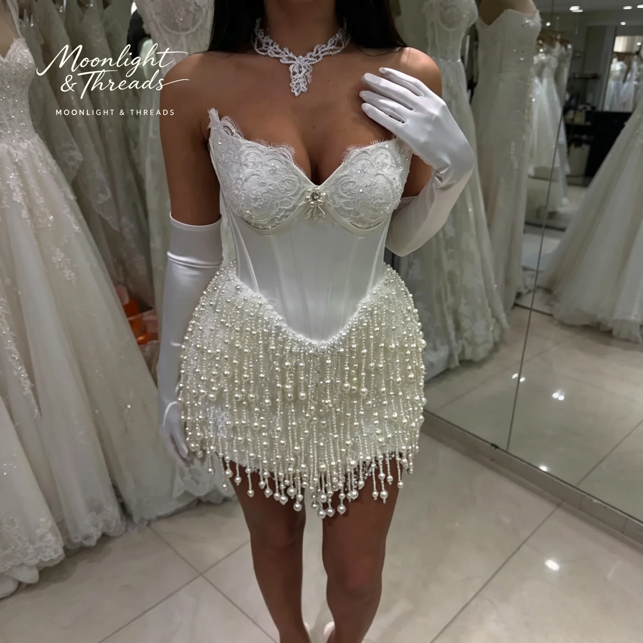 Customized White Strapless Neck Wedding Dress Sleeveless Beaded Sexy Mini vestidos de noche Mermaid robe de mariée view 2