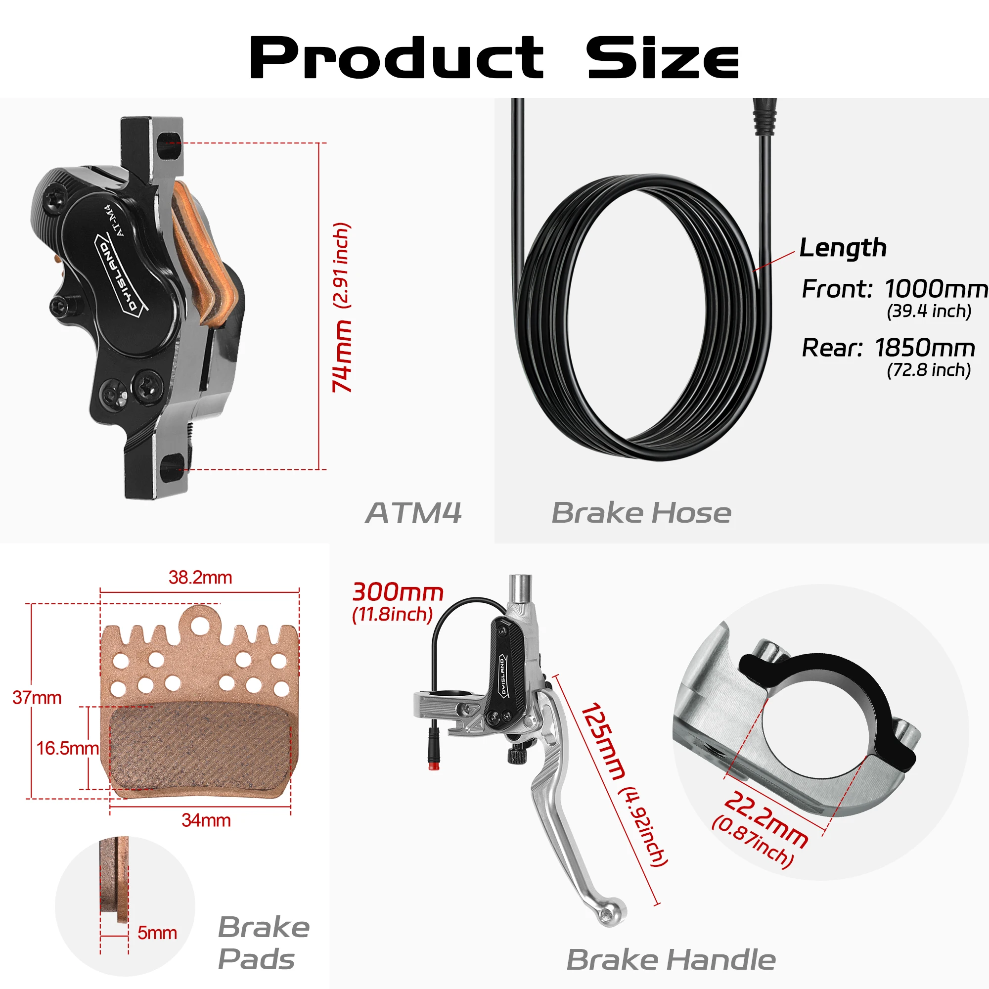 DYISLAND ATE4 4-Piston E-Bike Hydraulic Disc Brake 2Pin Power-off Electric Bicycle Brakes 1000mm/1850mm Front Rear Brake Set