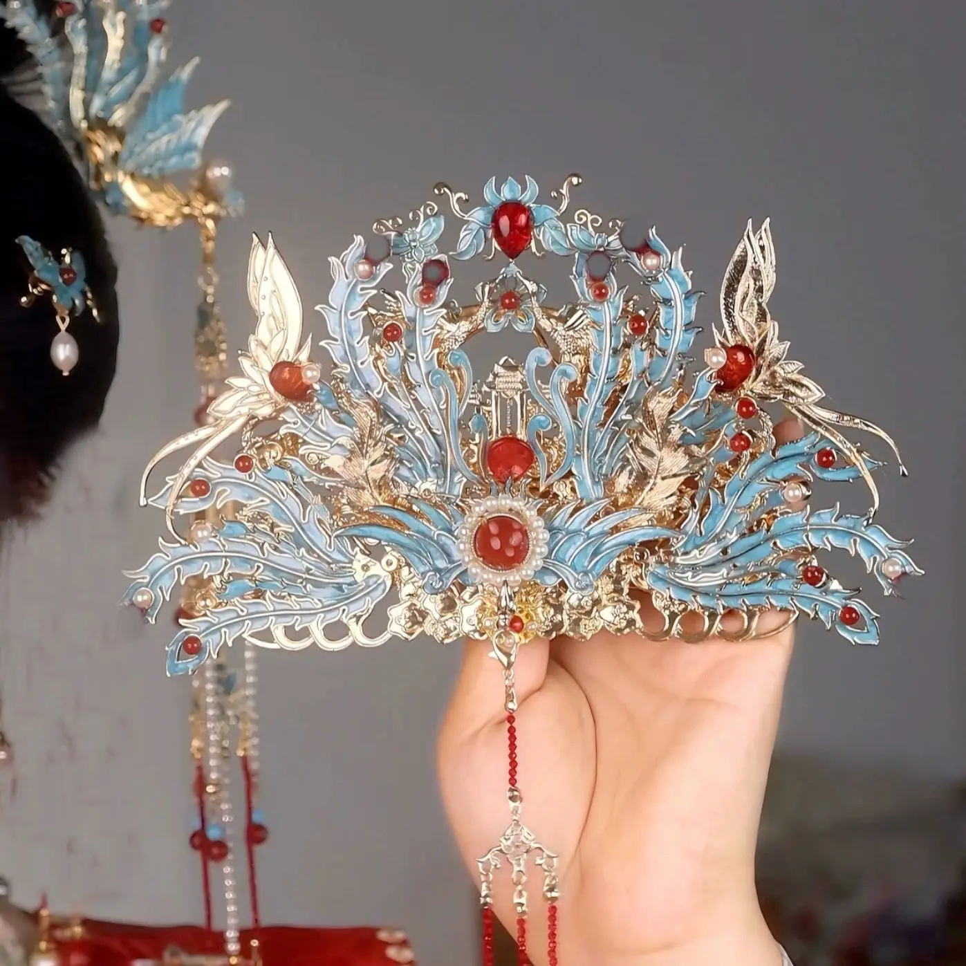 Antique Style Hair Crown Hairpin Set Marriage and Wedding Crown Heavy Work Burning Blue Ming Female Fairy Tassel Accessories