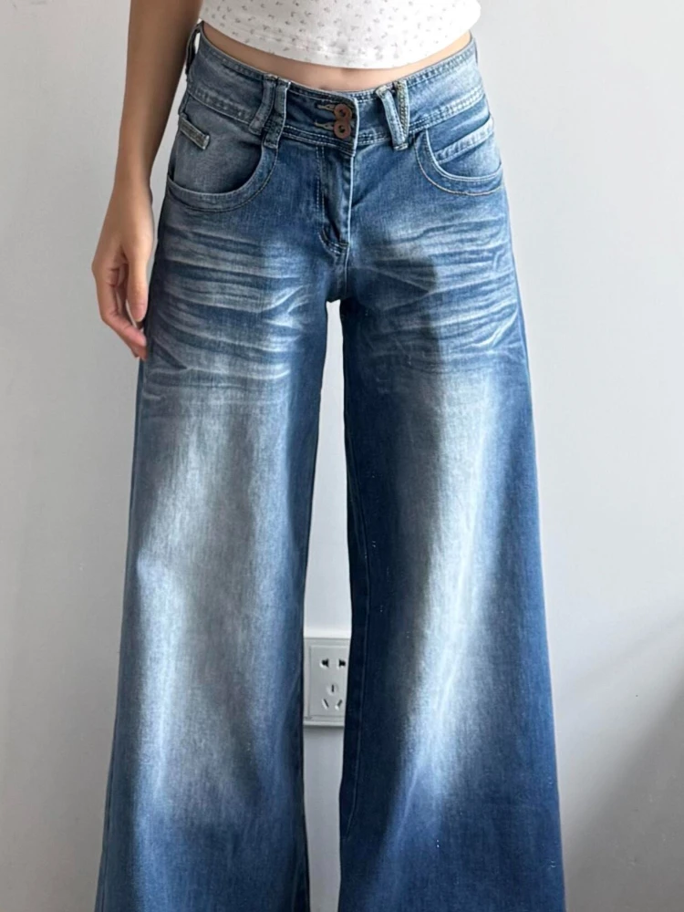 2026 Autumn Low Waist Wide Leg Women Jeans New Blue Vintage Washed Draping Figure-flattering Straight Floor-Length Denim Pants