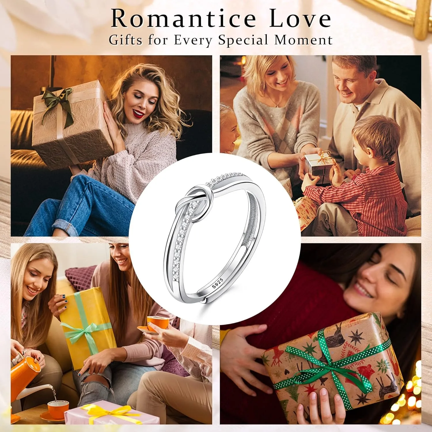 خاتم Fansilver من الفضة الإسترليني عيار 925 للنساء قابل للتعديل مكعب زركونيا خاتم عقدة الحب هدية لصداقة الزفاف