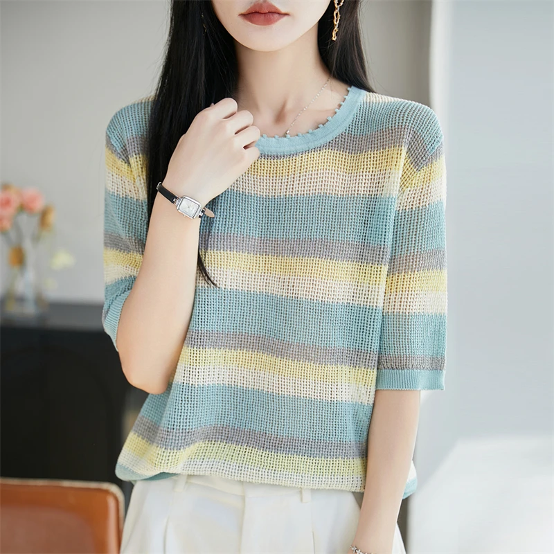 

Женская футболка-свитер из хлопка и конопли, летняя, с коротким рукавом, в полоску, вязаная, с круглым вырезом, свободный крой, топ-пуловер