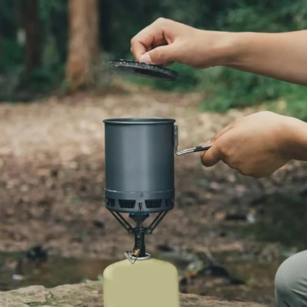 مجموعة أواني طهي للتخييم مقاومة للرياح مع حامل من الفولاذ المقاوم للصدأ وعاء متكامل للمشي لمسافات طويلة في الهواء الطلق وحقيبة الظهر والتخييم والسفر