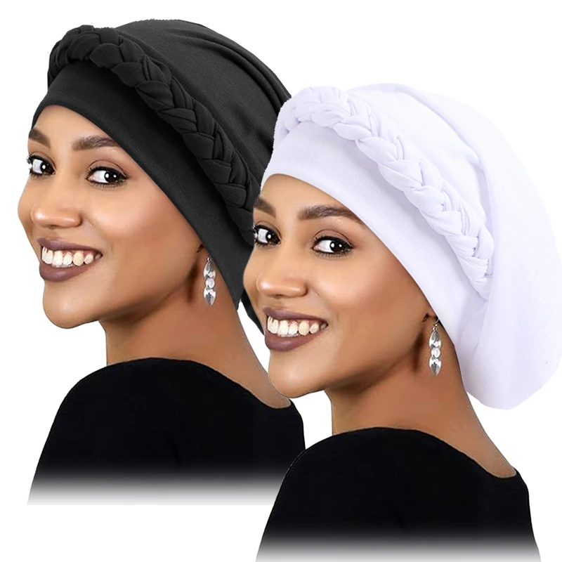 2PCS/LOT New Women\'s Braid Elastic Turban Muslim Twist Fashion Hat Cancer Hat Chemo Cap Head Wrap Cover Hair Islamic Headwear