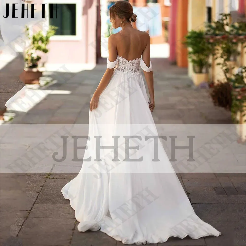 JEHETH Chiffon Appliques Bride Dresses Off Shoulder Short Sleeves Wedding Gowns Side Split Backless Custom Made robe de mariée