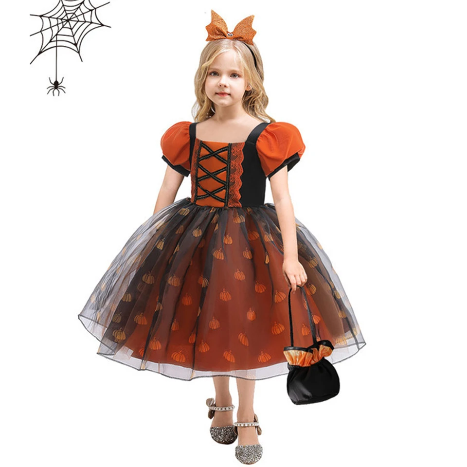 Fancy Girl Halloween Disguised Child Pumpkin Print Witch Princess Dress Children Cosplay Masquerade Party Performance Clothing