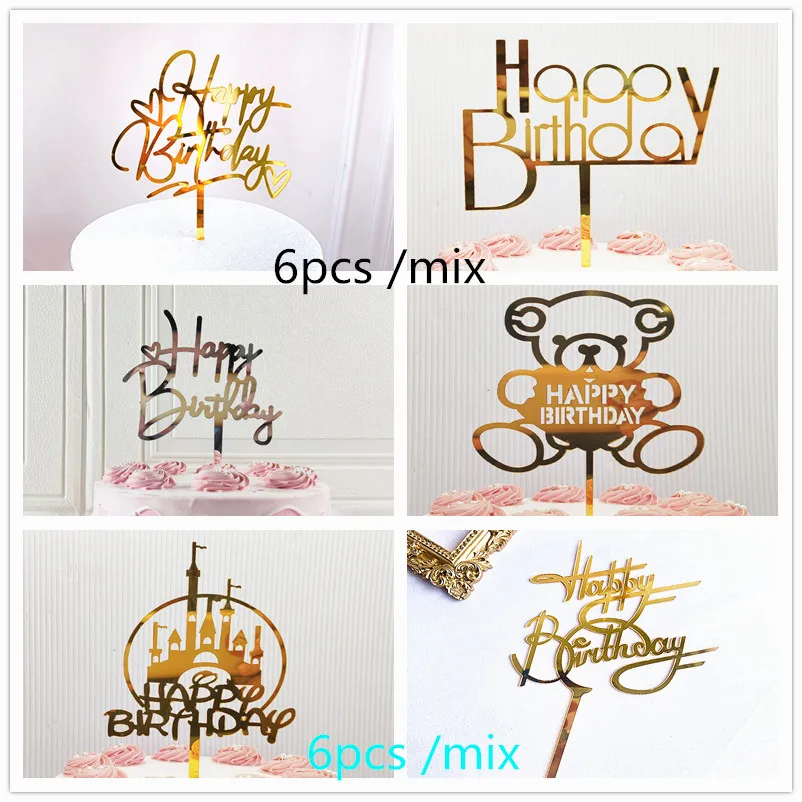 6pcs Mixed Happy Birthday Cake Topper gold Kids Acrylic Birhday Party Cake Toppers Decoration For Baby Shower Cake flag supplies