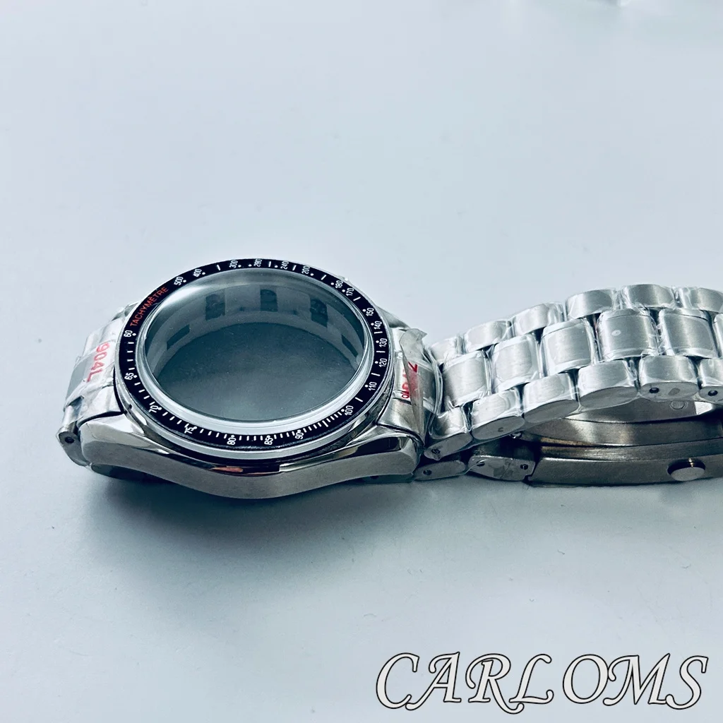 40mm Men Chronograph VK63 VK64 Watch Case Quartz Movement Parts Silver Solid Stainless Steel Dome Mineral Glass