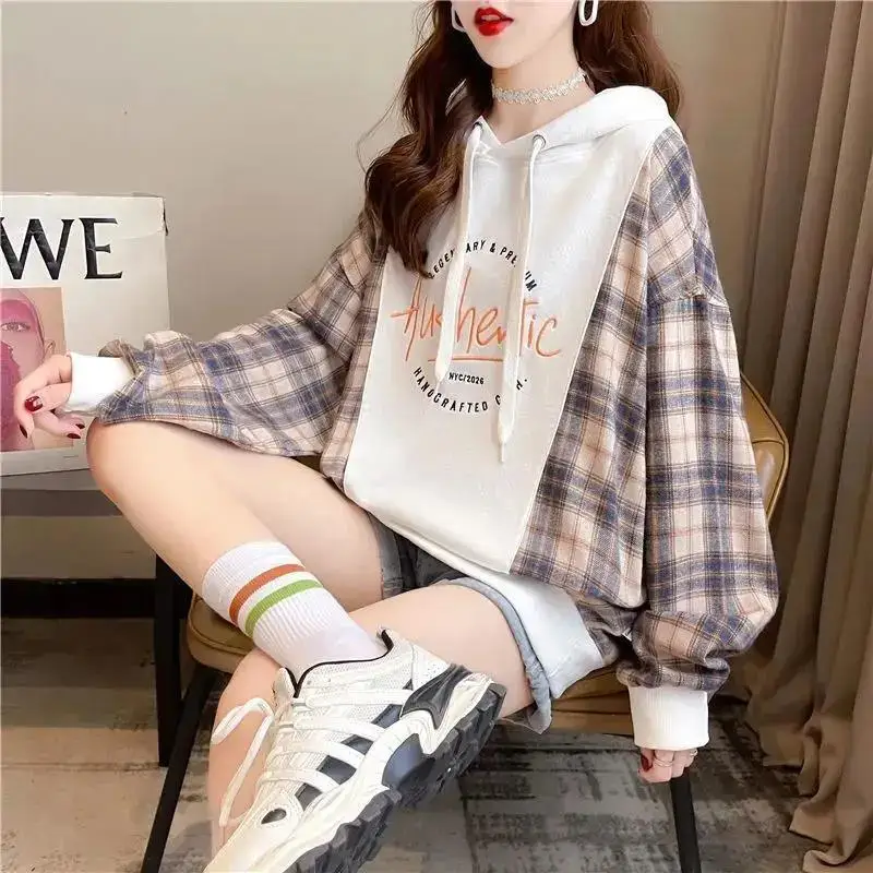 Women\'s Clothing 2023 Office Lady Simplicity Printing Patchwork Lacing Drawstring Fashion Loose Long Sleeve Hoodies Pullovers