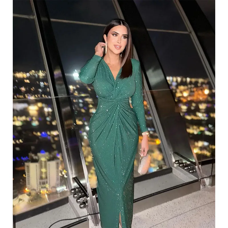 Elegant Green Evening Dresses V Neck Long Sleeves Muslim Prom Dress Front Split Glitter Special Occasion Formal Dress for Women