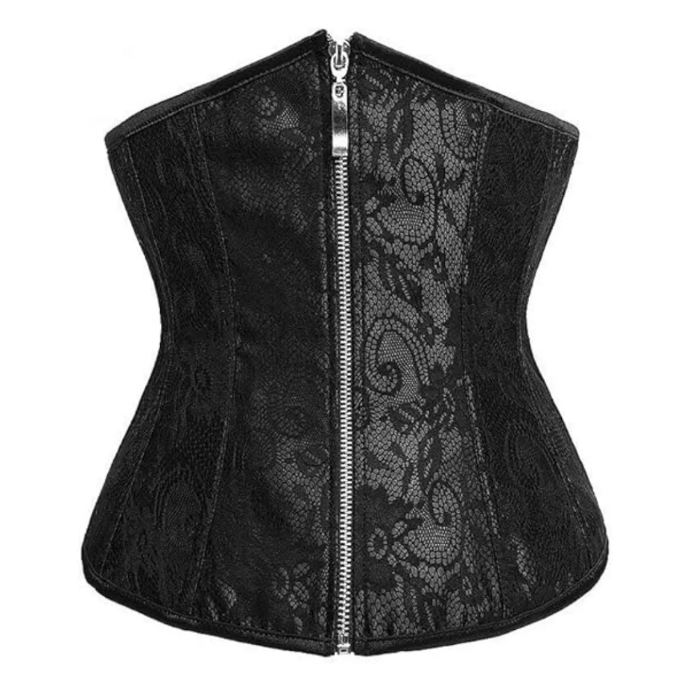 

Black Vintage Lace Underbust Corset with Front Zipper Closure - Steel Boned Bodice for Women