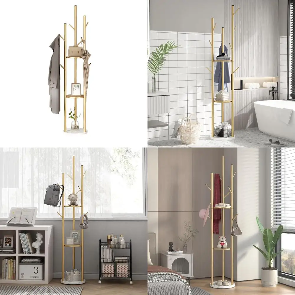 

Отдельностоящая золотая вешалка для одежды с мраморным основанием и 9 крючками для прихожей, гостиной и спальни, с полками для шарфов