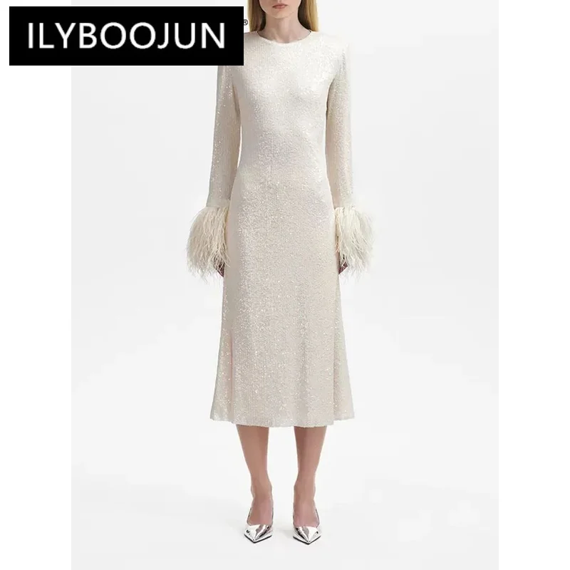 

ILYBOOJUN Patchwork Feathers Slimming Elegant Dresses For Women Round Neck Flare Sleeve High Waist Temperament Dress Female