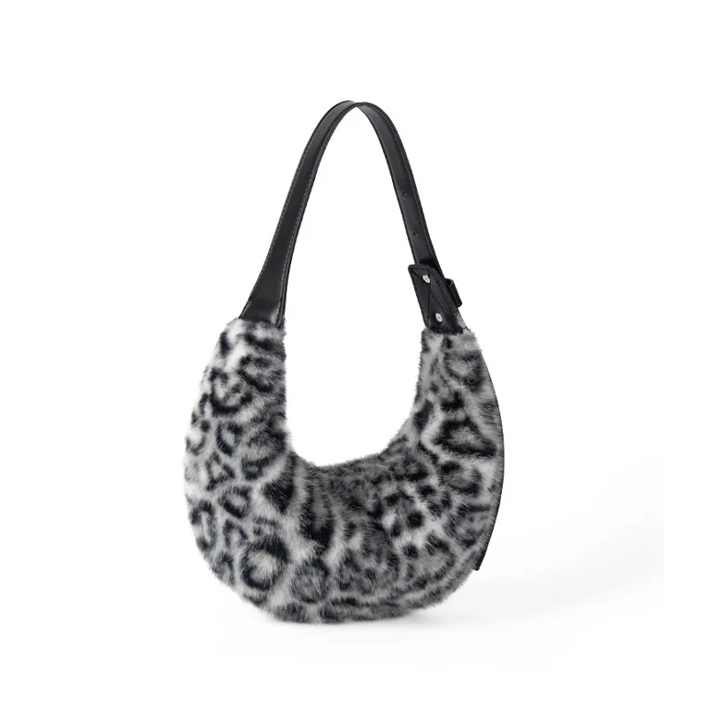 Fashionable new leopard print handbag spring and summer versatile women's winter furry half-moon armpit bag party lipstick key b