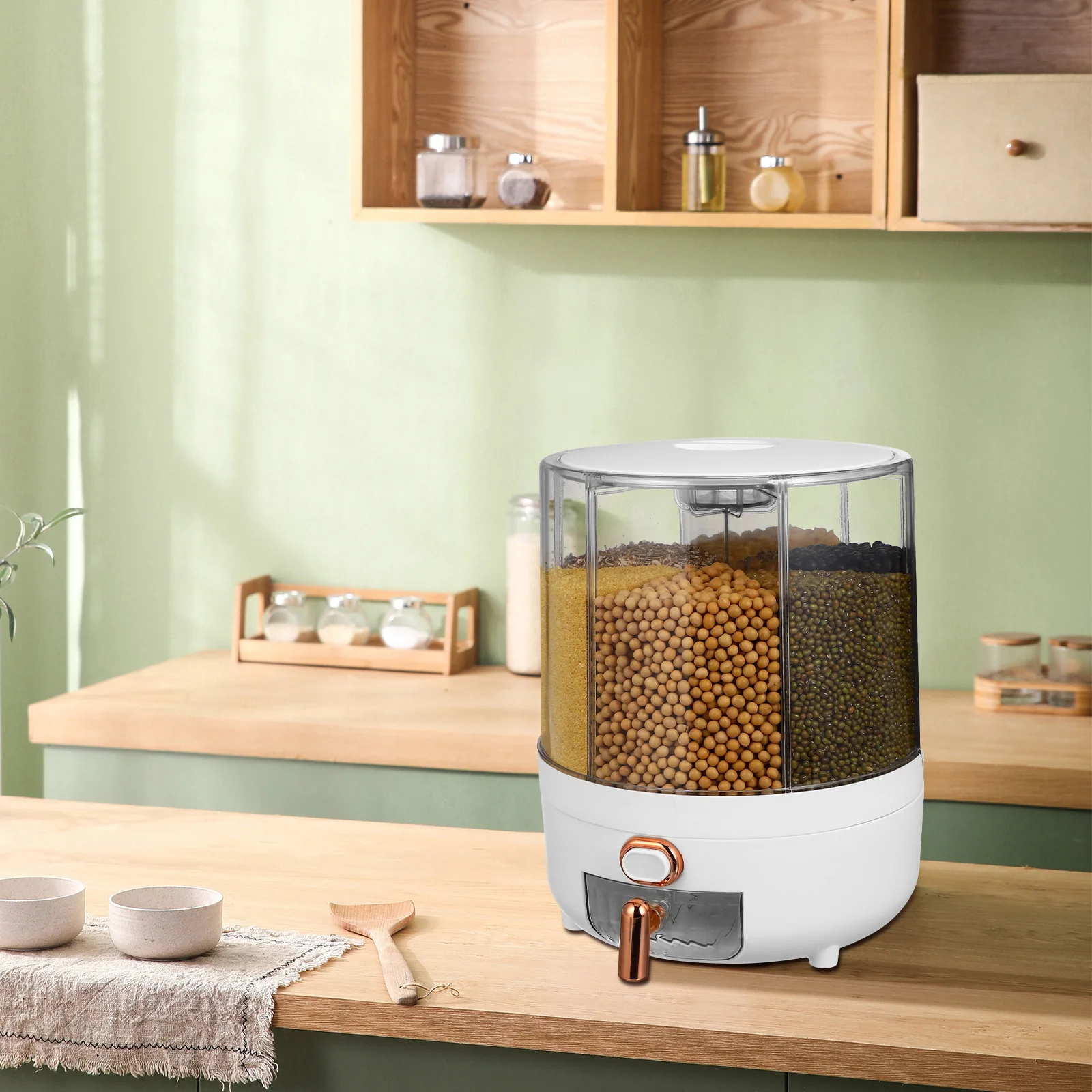 

6 Compartments Sealed Rice Storage Container 360 Degree Rotating Grain Dispenser For Dry Food Kitchen Organizer Cereal Bean
