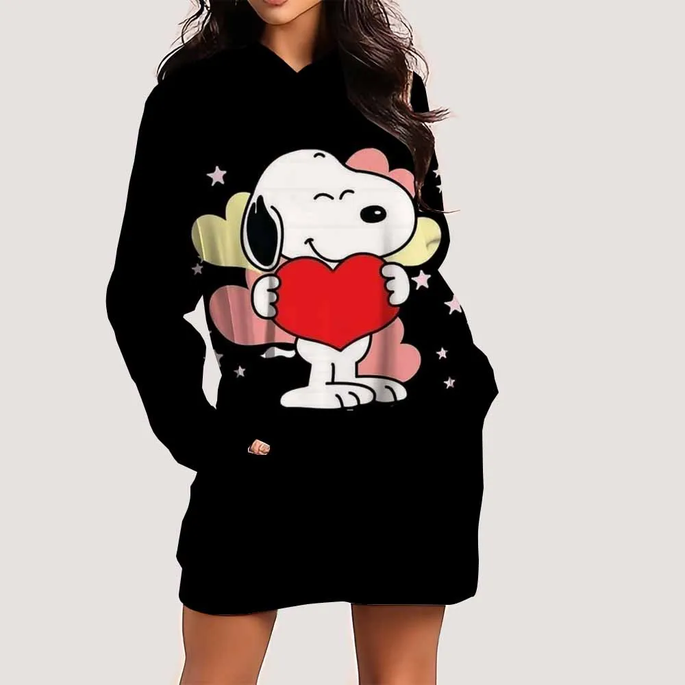 スヌーピープリントレディースドレスファッション膝丈フード付きフロックOネックラインスポーツ秋デイリーカジュアルスカート ﻿