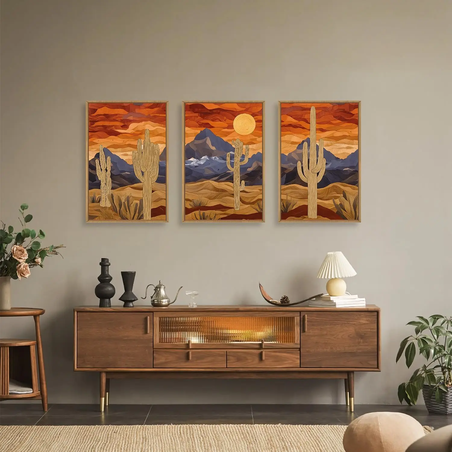 3pcs/Set Desert Canvas Wall Art Abstract Sun Cactus Painting Artworks, Simple Living Room, Bedroom
