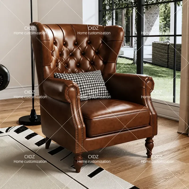 American Retro Single Sofa Chair Oil Wax First Layer Cowhide Leather Armchair for Living Room Bedroom Hotel Clubhouse Lounge