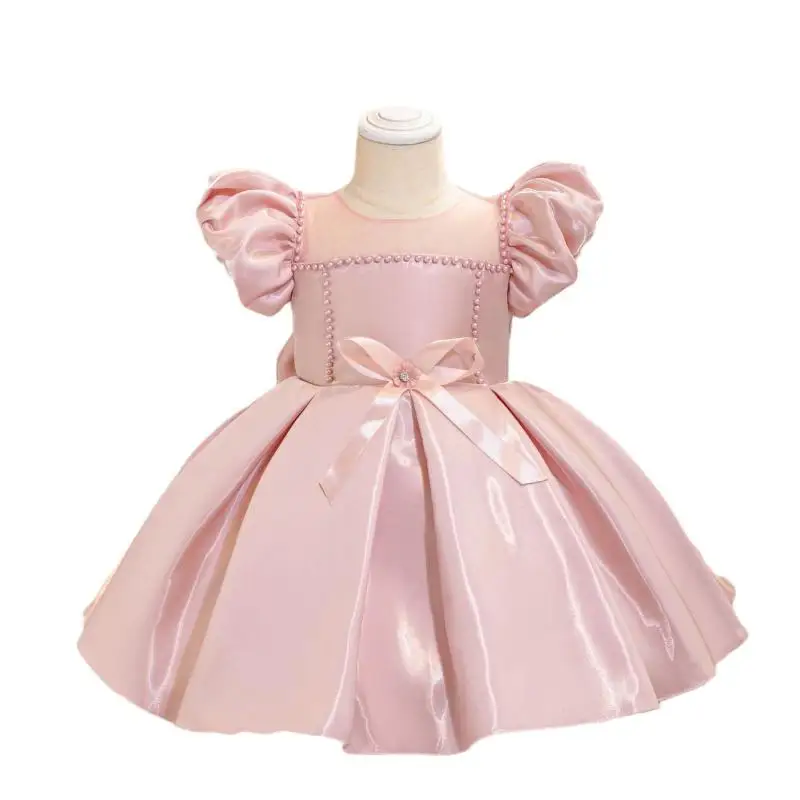 New Girls\' Bead Solid Color Bow Bubble Sleeve Princess Dress Christmas Halloween Birthday Party Fashionable Evening Dress