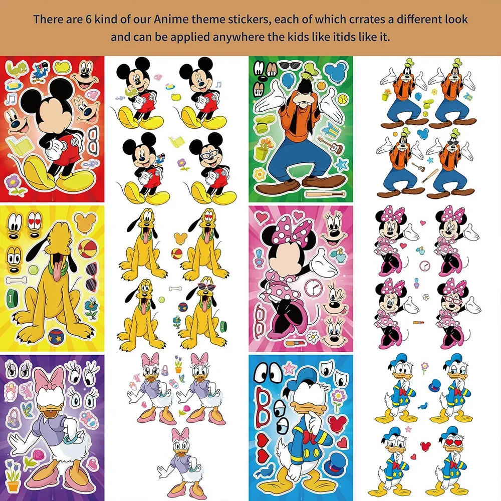 6/12 folhas disney mickey mouse fazer uma cara quebra-cabeça adesivo diy telefone portátil bagagem skate graffiti decalques diversão para o presente do miúdo
