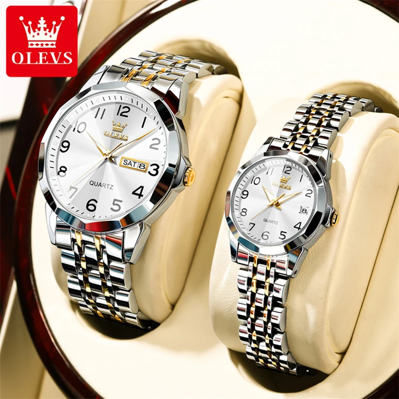 

OLEVS 9970 2023 New Fashion Stainless Steel Band Lover's Watch Pair Men And Women Set Wristwatches Luxury Gifts Couple Watches