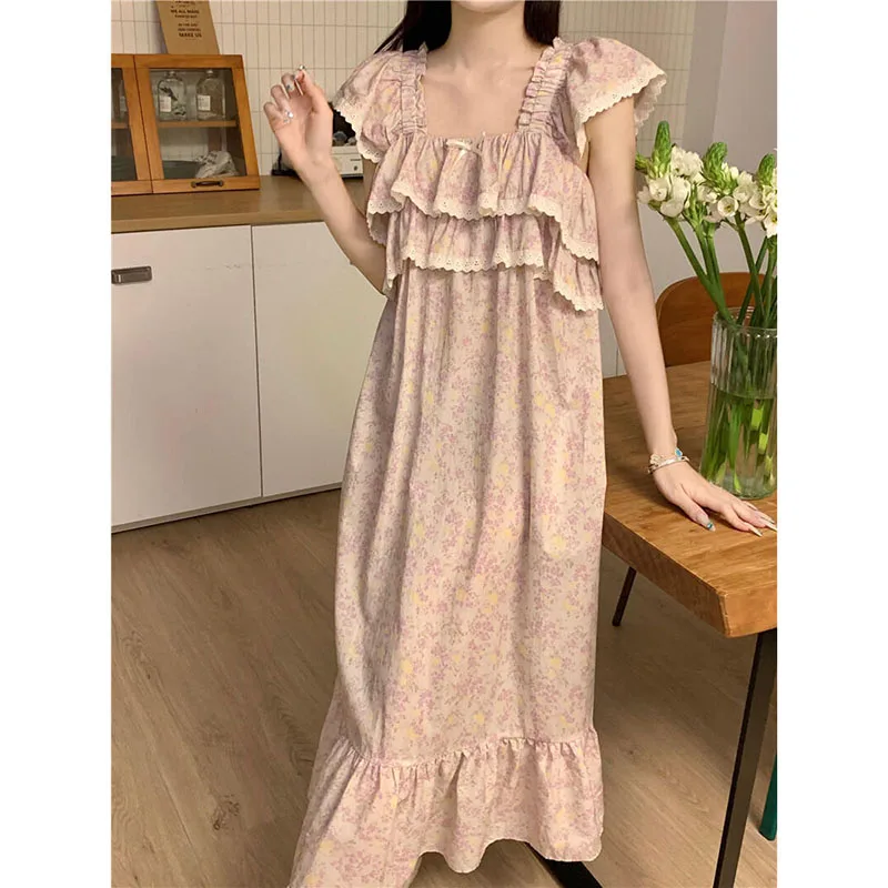 Ruffle Women Nightgown Sleepwear Lace Short Sleeve Night Dress Summer Bow Night Wears Korean Square Collar One Piece Pajamas New