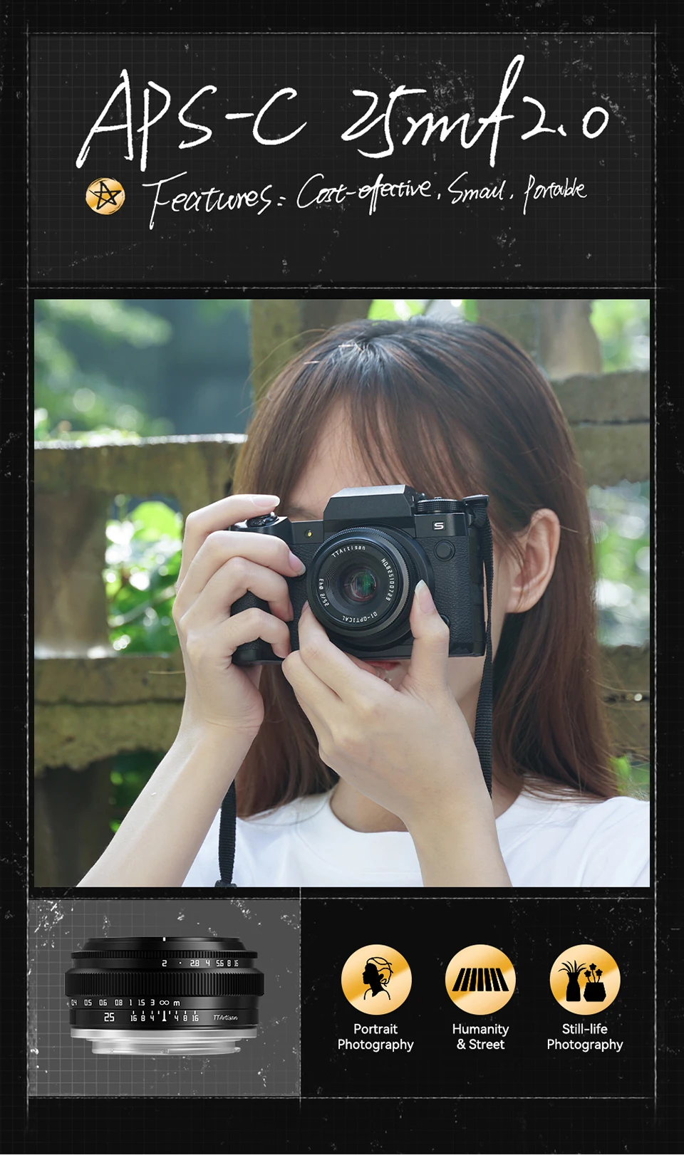 TTARTISAN 25mm F2 APS-C MF Porträt-Fotografie-Kameraobjektiv für Sony A6000 A7RIII Fuji XT30 XT-100 Nikon ZFC Canon RF M43 Mount – Detail 1