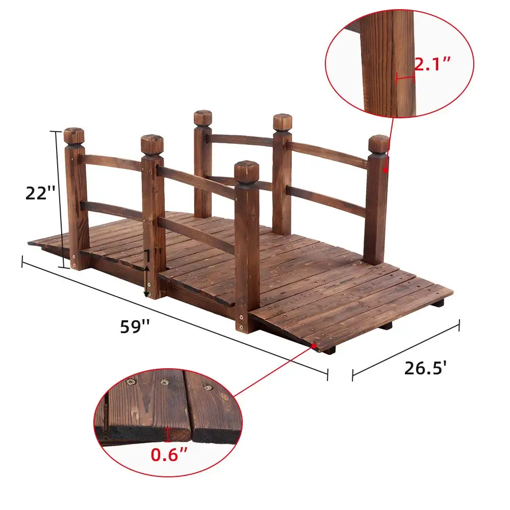 5FT Wooden Garden Bridge with Handrails, Decorative Landscape Footbridge for Yard, Pond, Farm or Creek, Customized