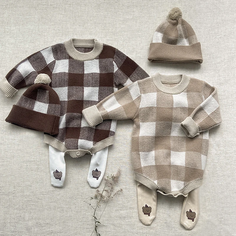 Children Clothes Autumn Spring Toddler Baby Girls Boys Lattice Knitting Romper+Hat Infant Baby Boys Girls Knitting Jumpsuit