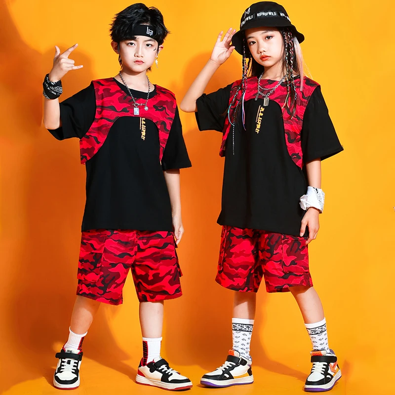 Ropa de baile de Jazz para niños y niñas, chaleco de camuflaje rojo, pantalones cortos, ropa de Hip Hop, traje de baile callejero, ropa Kpop, 7008