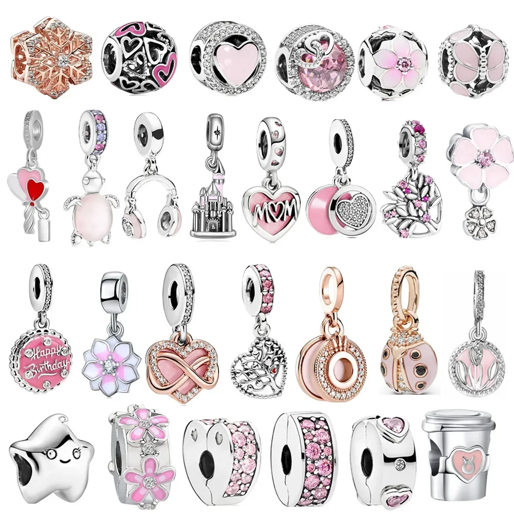 

Pink Color Crystal Beads Heart Ladybug Love Flower Pendant Bracelet DIY Charm Lady Jewelry Gift