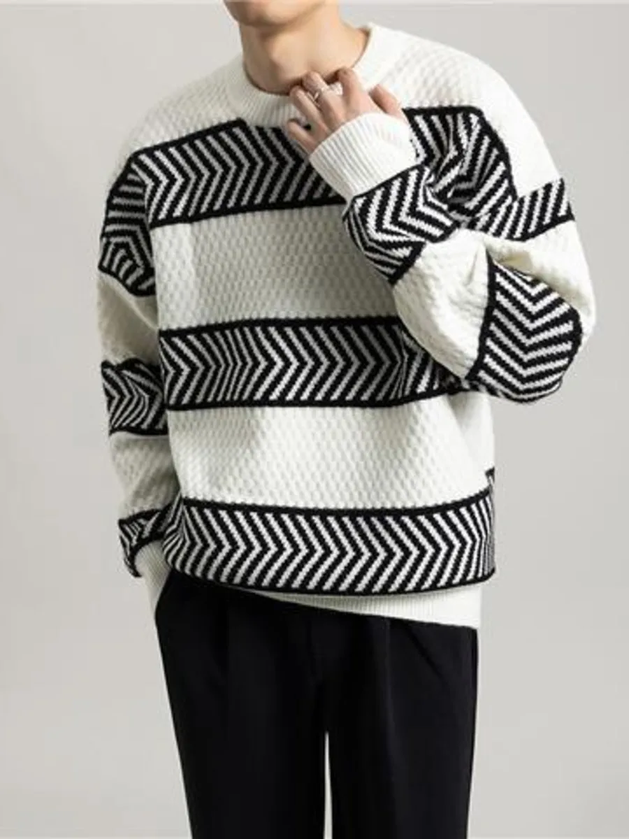 Casual Loose Stripes Pullover Sweater Contrasting Colors Knit Men's Autumn Winter Knitwear Bottom Tops Loose Knitted Clothing
