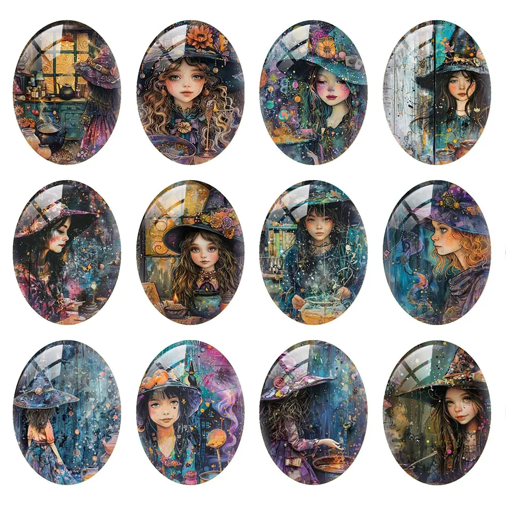 Random Mixed Round/Oval/Square Little Witch Halloween Gothic Photo Glass Cabochon Flatback Demo Cameo For Diy Jewelry Making