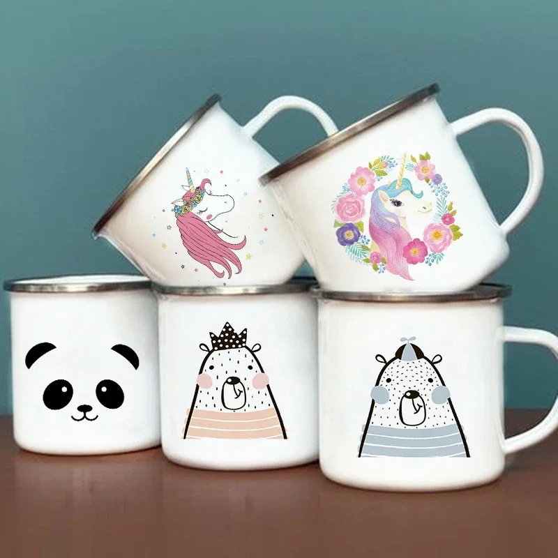 Panda Bear Unicorn Animals Print Creative Enamel Mug Coffee Tea Drinks Dessert Milk Cup Kawaii Mugs Handle Drinkware Kids Gifts