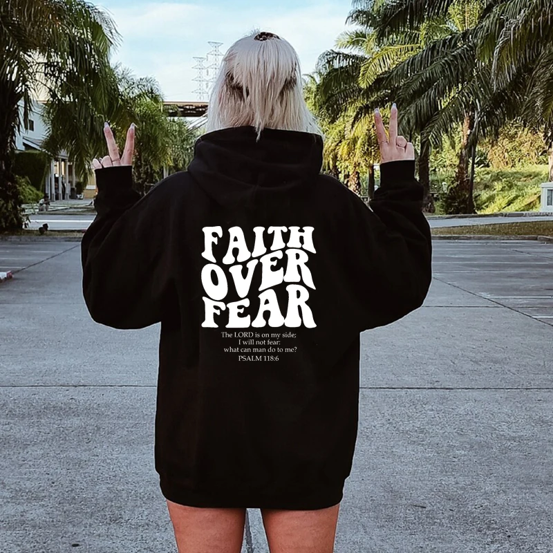 Faith Over Fear Bible Verse Back Printed Women Hoodies Cotton Loose Graphic Pullovers Long Sleeve Hoodie Vintage Jumper Clothing