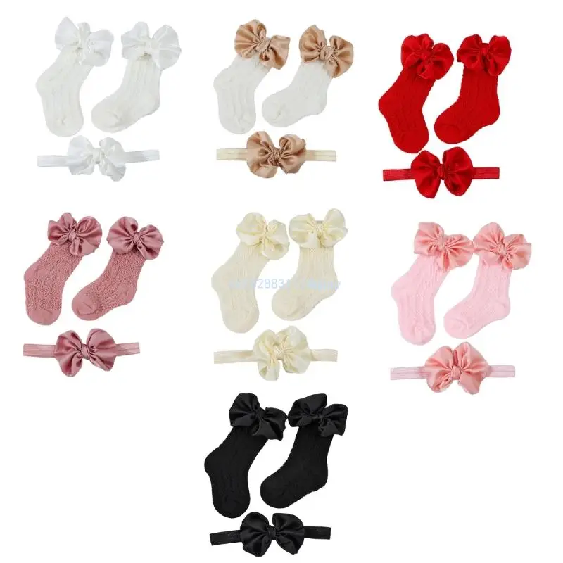 

Bowknot Headband Solid Headdress Hollow Jacquard Baby Knitted Socks Fashionable Hair Accessories for Newborn Girls Dropship