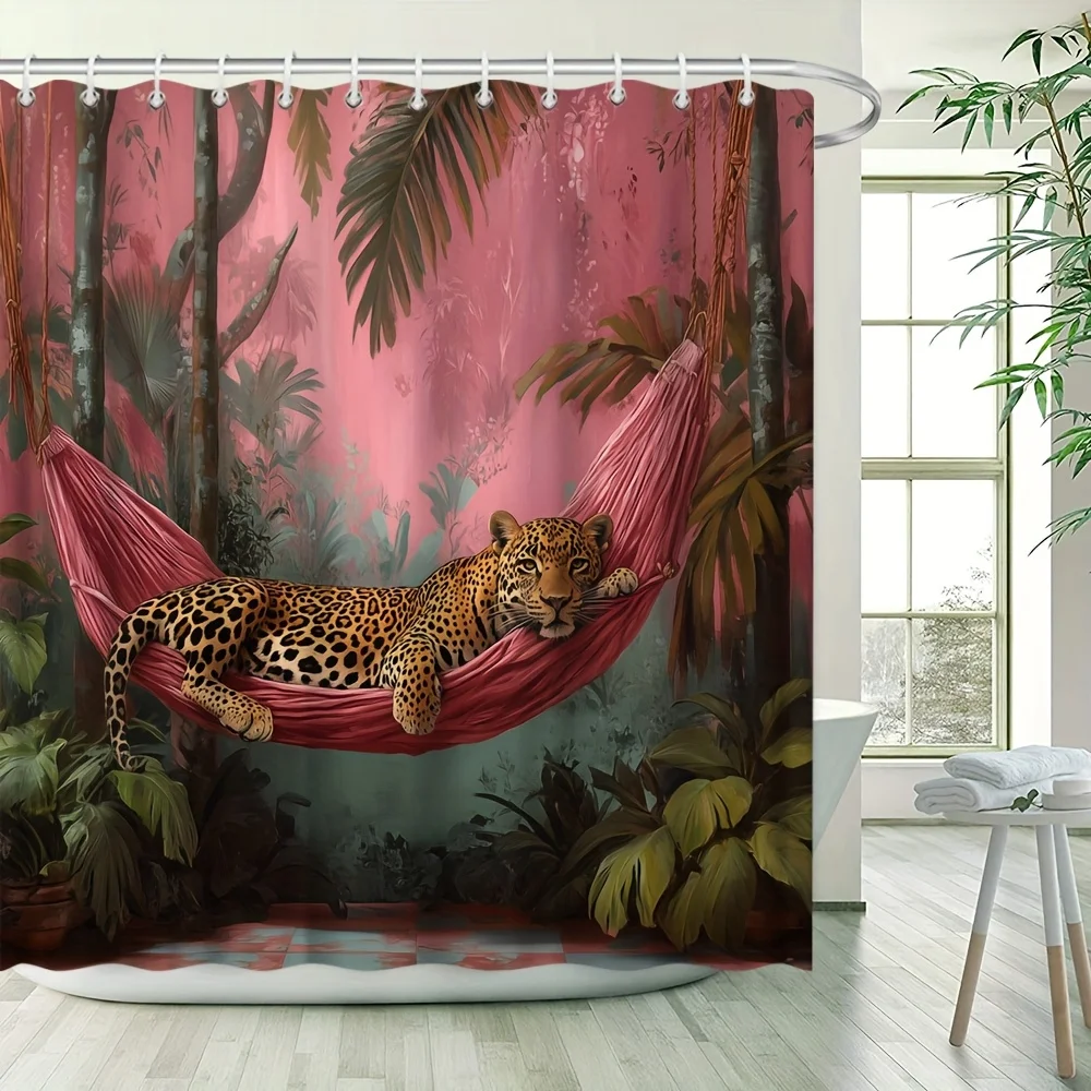 

Exotic Jungle Leopard Bath Curtain - Leopard in Hammock &Tropical Plants;Waterproof Home Decor Adds Wild Charm to Your Bathroom.
