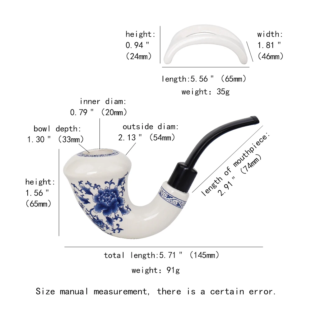 Chinese style ceramics Tobacco Pipe Calabash with Bent Acrlyic Stem Mouthpiece 9 mm Paper Filters Pipe Stand Rack Set blue+white