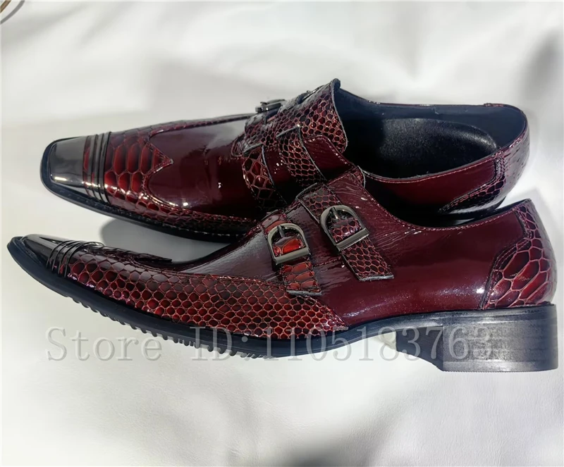 Men Wine Red Crocodile Pattern Double Buckle Dress Shoes, Square Toe Buckle Formal Loafers for Wedding Party Business Office