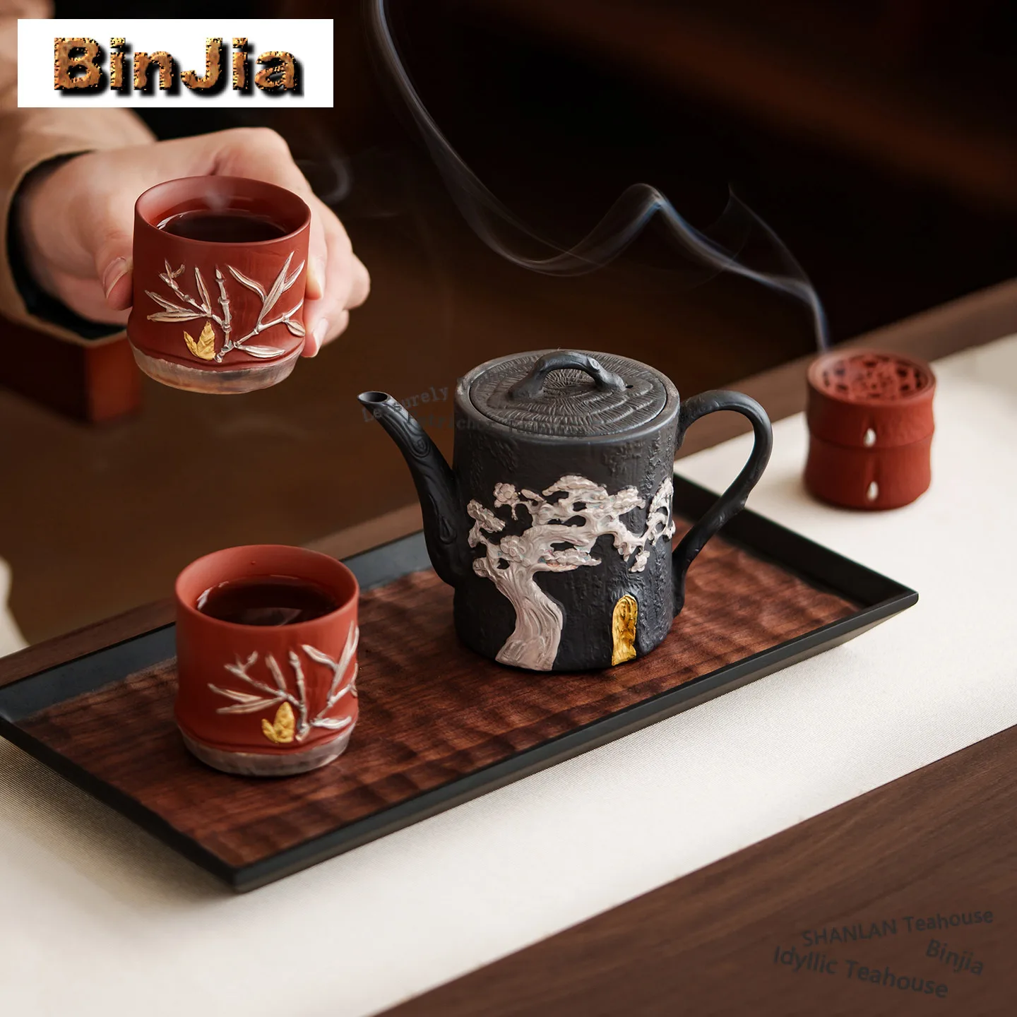 

Purple Clay Gilt Silver Pine Tea Set Complete Set Elegant Tea Ceremony Set Teapot And Tea Cup Set Drinkware Supplies Decoration