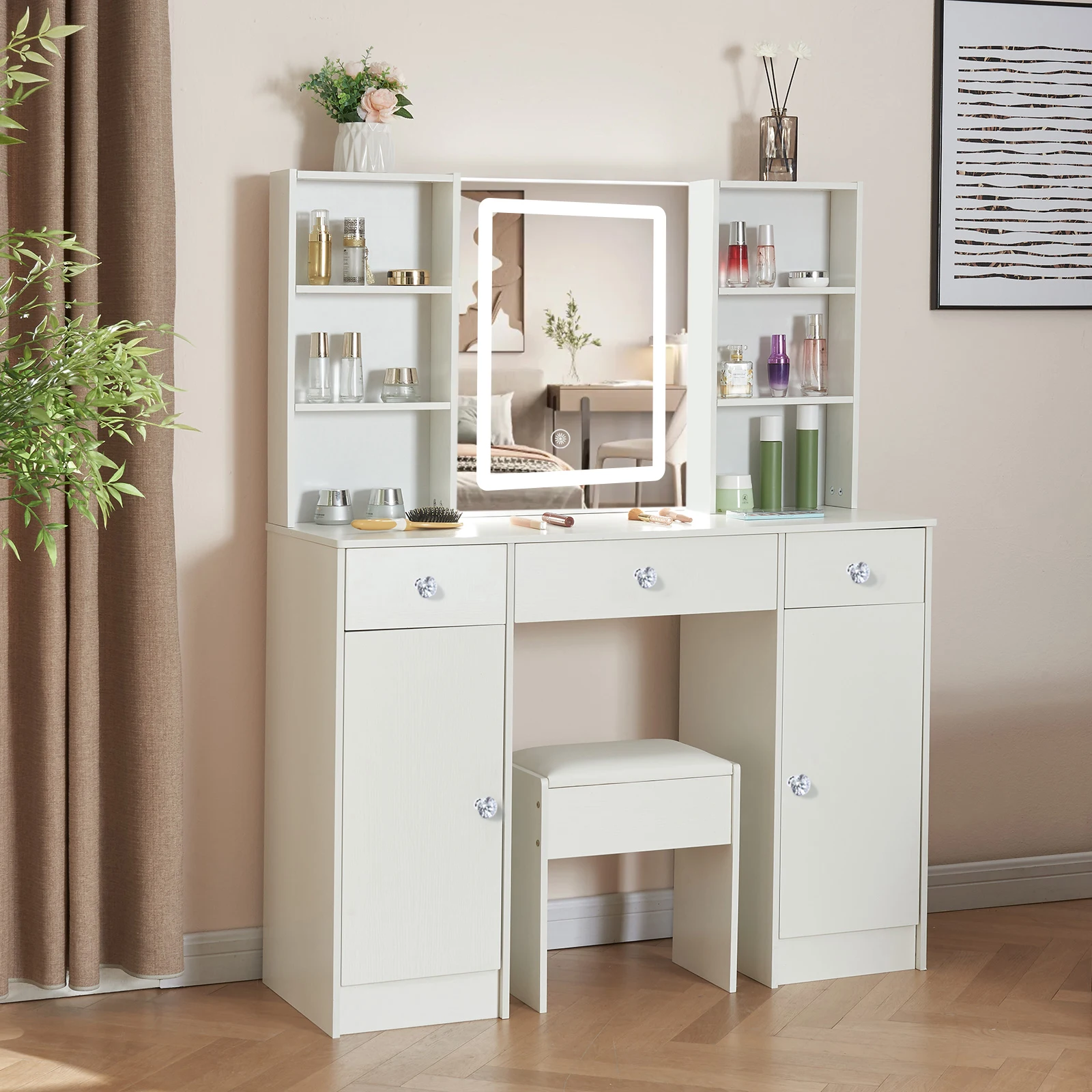 مكتب زينة من الخشب الطبيعي البسيط - مرآة LED قابلة للتعتيم، 3 مستويات سطوع وأدراج مقسمة #4