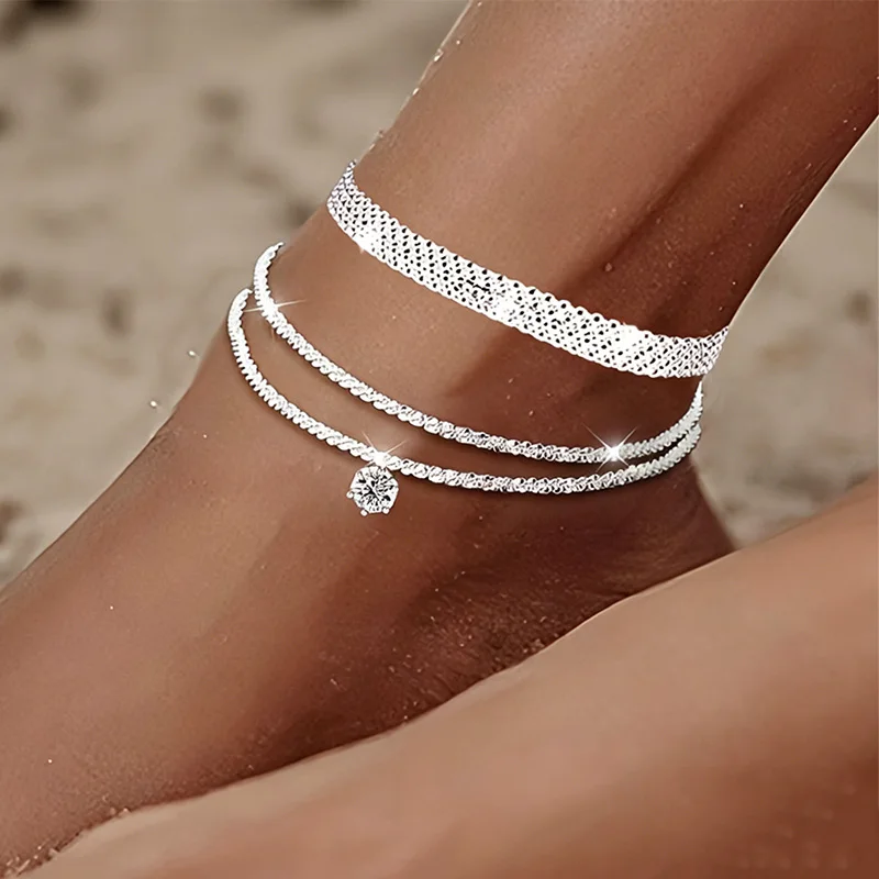 3-teiliges Set eleganter, funkelnder, synthetischer Zirkonia-Wellen- und geflochtener Fußkettchen für Damen, für Partys und Übersee-Events